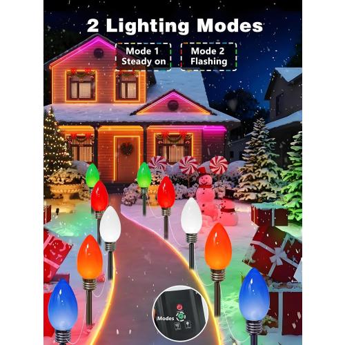 10 Pack Large C9 Christmas Decorations Outdoor Waterproof, Solar C9 Christmas Lights Outdoor with 2 Modes, Solar Pathway Lights for Outside Party Yard Lawn Patio Walkway Xmas Decoration (Multicolor)