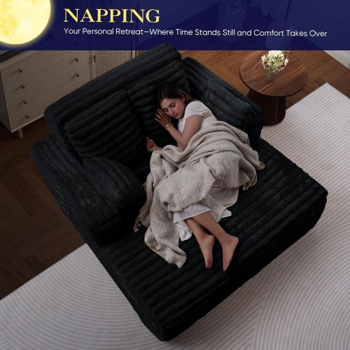 Oversized Chaise Lounge Indoor, Modern Plush Corduroy Fabric Deep Seat Boneless Memory Foam Sleeper Chaise Lounge Sofa Chair with Pillows for Living Room Bedroom Studio, No Assembly Couch, Black