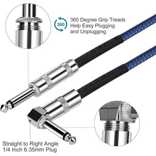 JOLGOO 1/4 Inch Cable Guitar Cable 10 Ft Straight to Right Angle 1/4 Inch 6.35mm Plug Bass Keyboard Instrument Cable Blue and Black Tweed Cloth Jacket, Electric Mandolin, pro Audio