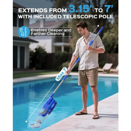 Cordless Handheld Pool Vacuum Cleaner with Telescopic Pole, 26.5 GPM Powerful Suction, Longer 1H Runtime, Portable Pool Vacuums for Above Ground/Inground Pools, Hot Tubs, Spas