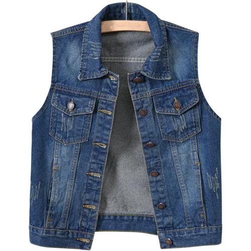 5XL Women's Casual Denim Waistcoat Frayed Sleeveless Ripped Jacket Vest with Pockets