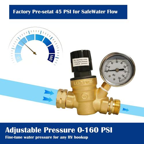 Hourleey RV Water Pressure Regulator, Adjustable Handle Brass Water Pressure Regulator, Water Pressure Reducer with Gauge and Inlet Screened Filter for RV Camper Travel Trailer