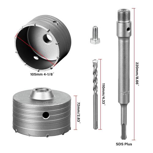 Size 105mm SALI Concrete Hole Saw Kits 4-1/8（105mm） Tungsten Steel Wall Hole Cutter Drill Bit Sets with 220mm SDS Plus Shank Connecting Rod，110mm Center Positioning Drill Bits for Cinder Block,Brick,Adobe Wall