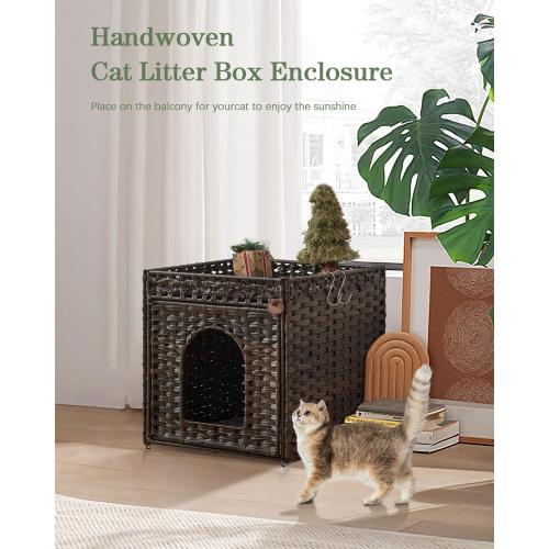 SETVSON Cat Litter Box Enclosure Furniture, Hidden Litter Box with Mat and Fence, Handwoven Rattan Cat House with Two S-Shaped Hooks for Living Room, Bedroom, 18.5 x 20.5 x 19.1 Inches (Brown)