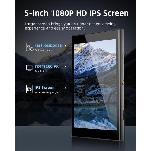 160GB MP3 Player with Bluetooth and WiFi, 5 IPS Screen Android Music Player with Play Store, Spotify, Pandora, Amazon Music, MP3 & MP4 for Kids with Libby, Audible, FM, Voice Recorder, Up to 1TB