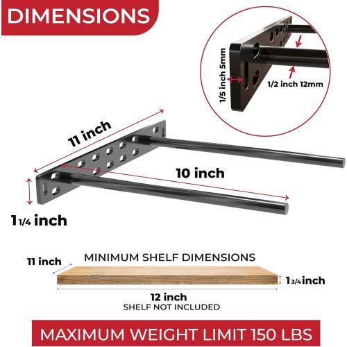 Set of 2 Floating Shelf Brackets 11 inch Multiple Mounting Location Baseplate/Heavy Duty Black Painted Mild Steel Bracket Hidden Wall Shelves Support Hardware Mount Kitchen/Nursery Decor(10 inch Rods)