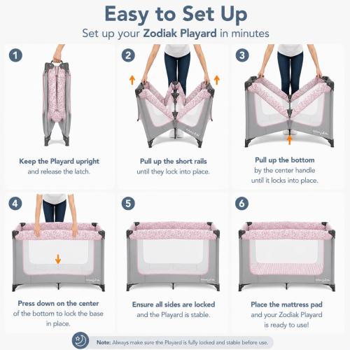 Dream On Me Zodiak Baby Playard, Breathable Mesh Sides, Soft Comfortable Mattress, Quick & Easy to Fold with Travel Carry Bag, Compact Space Saving Design - Grey & Pink