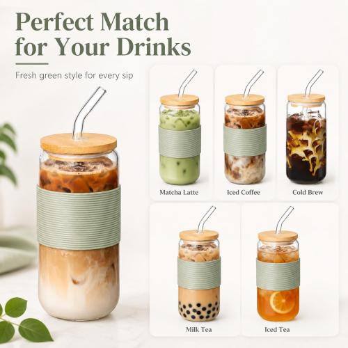 Glass Cup with Lid and Straw, Iced Coffee Cup with Bamboo Lid, 16 oz Reusable Glass Tumbler with Sage Avocado Green Silicone Sleeve for Matcha Latte, Cold Brew and Milk Tea