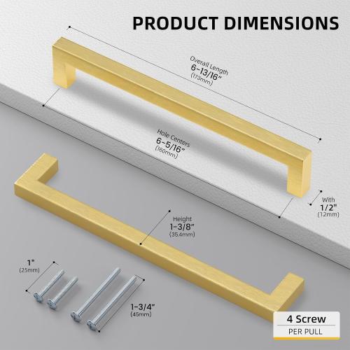 goldenwarm 40 Pack 6-1/4 inch Gold Cabinet Pulls Brushed Brass Drawer Handles Modern Square Stainless Steel Hardware Pull for Kitchen Cupboard Dresser