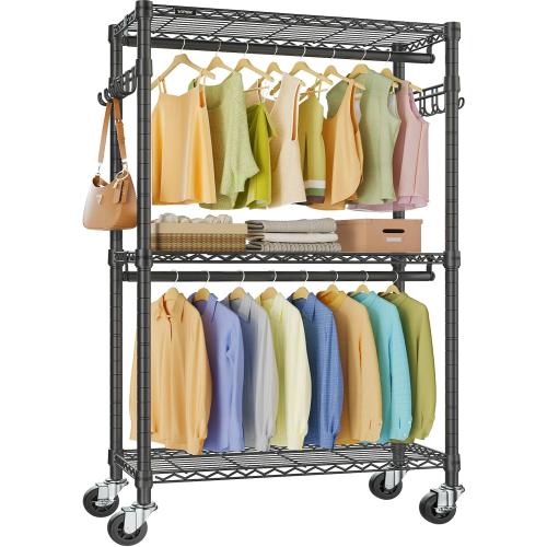 VIPEK R2 Clothes Rack Heavy Duty Clothing Rack for Hanging Clothes, Rolling Garment Rack Adjustable Closet Racks with Double Rods & Hooks, Freestanding Wardrobe Closet Coat Storage Racks, Black