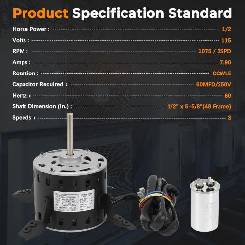 Blower Motor Furnace with Capacitor 5KCP39LGV569BS 1/2HP 115V Compatible with Carrier, fit for Bryant Payne HC43TE113 AC Conditioner Motor (7.9A 48 Frame 60Hz 1075RPM 3Speed CW/CCW)