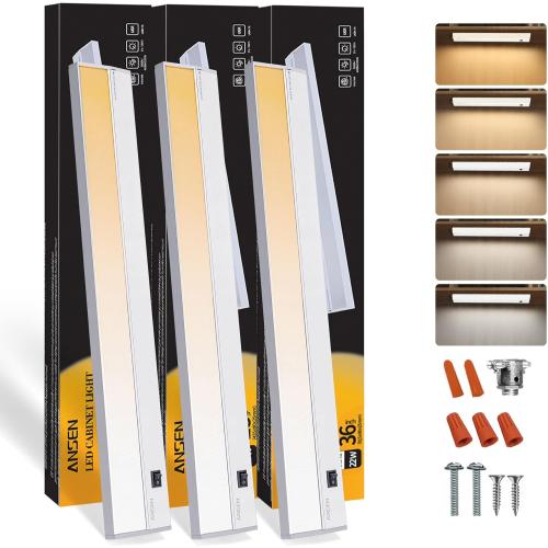 Ansen 3Packs of Under Cabinet Lights for Kitchen, 36in 22W 1426LM, Dimmable Hardwire Led Light for Closet, CRI>92, R9>90, 5 Color Temperature, 2700K-5000K(Warm White, Cool White, Daylight)
