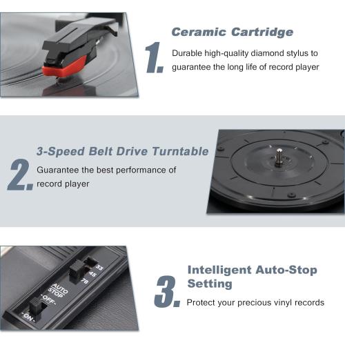 Vinyl Record Player with Stereo Bookshelf Speakers, 3-Speed Belt-Drive Turntable, Modern Vinyl LP Player with Wireless Playback, Auto Stop, RCA Output | Black Leather