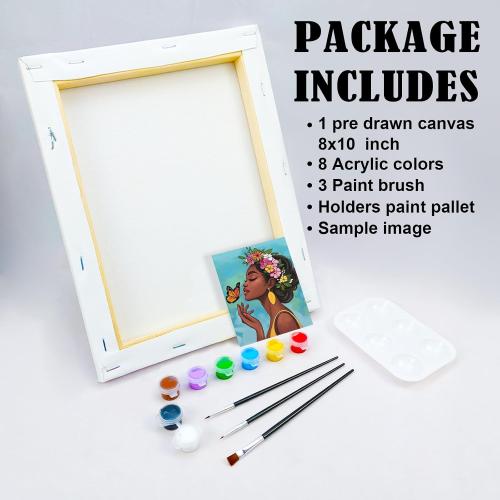 VOCHIC Pre Drawn Canvas for Painting for Adults Paint and Sip Kit Painting Party Supplies 8 Acrylic Colors,3 Brushes,1 Palette Art Set Flower Girl 8x10 in