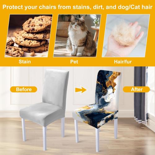 Luxury Marble Chair Covers Set of 4 – Navy Blue Gold Abstract Pattern Stretch Dining Chair Slipcovers Washable Universal Seat Protectors for Kitchen, Banquet, Party, Hotel, Home Decoration