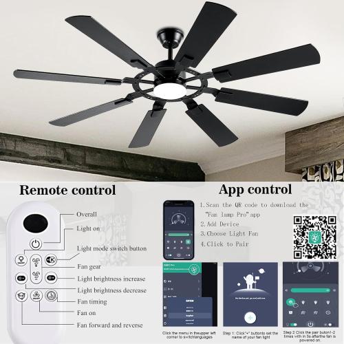 62 Inch Ceiling Fans with Lights, Large Low Profile Ceiling Fan with Remote Control, 8 Double Sided Blades, 6 Speed Reversible DC Motor, Silent Timing, Black Indoor Outdoor Ceiling Fan