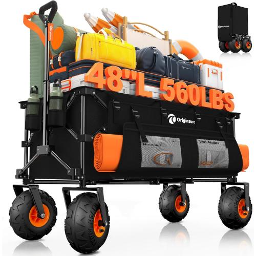 48L Collapsible Beach Wagon with Big 10 Balloon Wheels for Sand, 560lbs Weight Capacity 300L Wagons Carts Foldable Heavy Duty with All Terrain Tires, Folding Cart for Camping, Grocery, Sport - Black