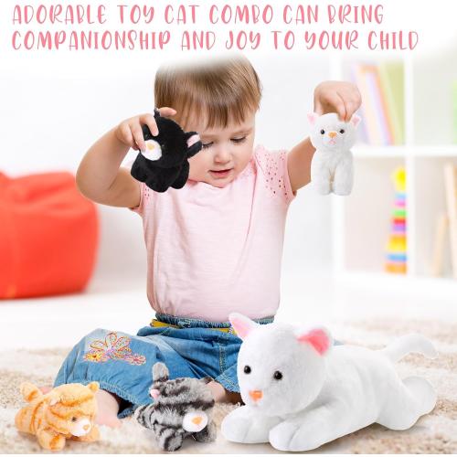 Skylety 5 Pieces Cat Stuffed Animal with Babies Inside,White | Pregnant Mommy Kitty Holds 4 Babies Inside Belly Zipper, Soft Plush Surprise Gift for Birthdays Christmas, Fluffy Toy Set