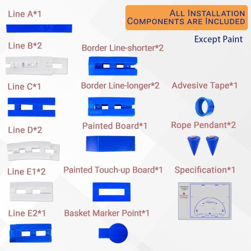 Reusable Basketball Court Stencil Kit for Concrete, Basketball Court Marking Kit, Plastic Material, Sun-Resistant NOT Paper Board, Durable,Reusable, Can be Used More Than 20 Times (Half Court)