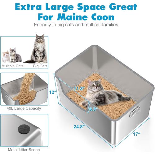 40L XXL Stainless Steel Litter Box with High Sides,No Sharp Edges for Big Cats Maine Coon,One-Piece Deep Stainless Steel Litter Boxes with Tall Sides,Anti-Leakage,Non-Sticky,Easy Clean(Front Entry)