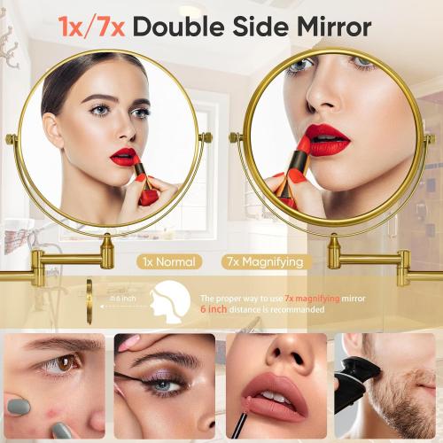 GURUN 8 Wall Mounted Makeup Mirror with 7X Magnification,Two-Sided Swivel Bathroom Mirror,Brushed Gold Finish M1406GJ(8,7X)