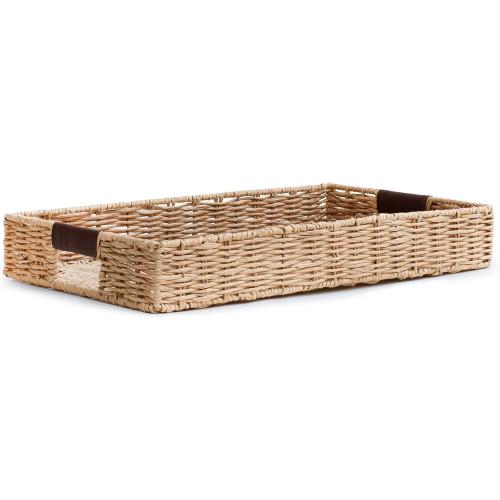 Size 20x12 Color Brown Handwoven Multipurpose Rectangle Rattan Tray, 20” x 12” – Durable Wicker Tray with Leather Handles for Home Decor Display