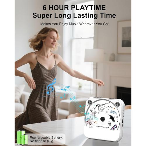 CD Player Portable with Dual Stereo Speakers, Rechargeable Portable CD Player with Bluetooth for Home with Headphones, Support CD/AUX/USB, White