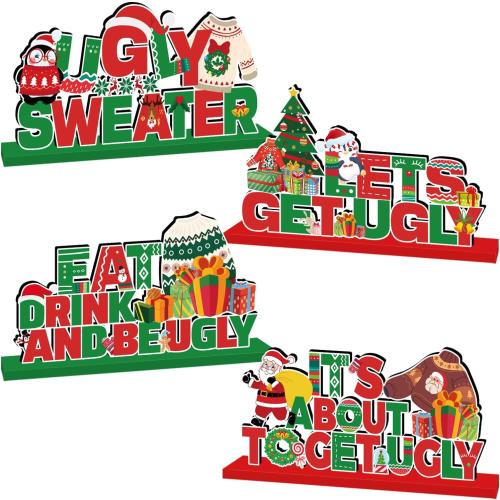 4Pcs Ugly Sweater Christmas Party Decorations Wooden Table Centerpiece Ugly Sweater Party Table Decorations Lets Get Ugly Tabletop Tiered Tray Decor for Holiday Xmas Party Supplies
