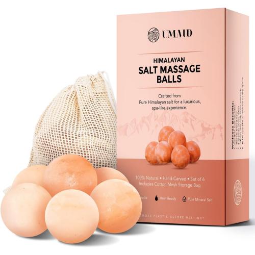 UMAID Himalayan Salt Massage Balls 6-Pack with Cotton Mesh Bag, Natural Therapy Stones for Hot & Cold Muscle Relief, Relaxation & Spa Massage, Warm in Microwave or Chill in Freezer
