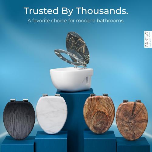 SANILO Wooden Toilet Seat with Soft Close [ELONGATED] - Decorative, Quiet & Slow Close Molded Wood Seat - With Strong Bumpers & Hinges - Adjustable Fit - Monstera