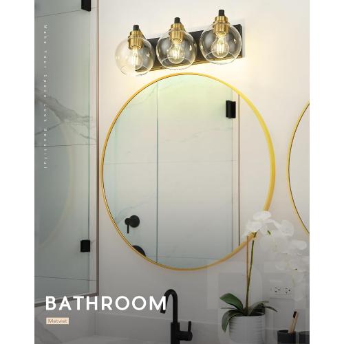 METWET Bathroom Light Fixtures, 3-Light Black and Gold Bathroom Vanity Light, Modern Wall Sconces with Globe Clear Glass Shade, Vanity Lighting Fixtures Over Mirror, VL195-KG-3