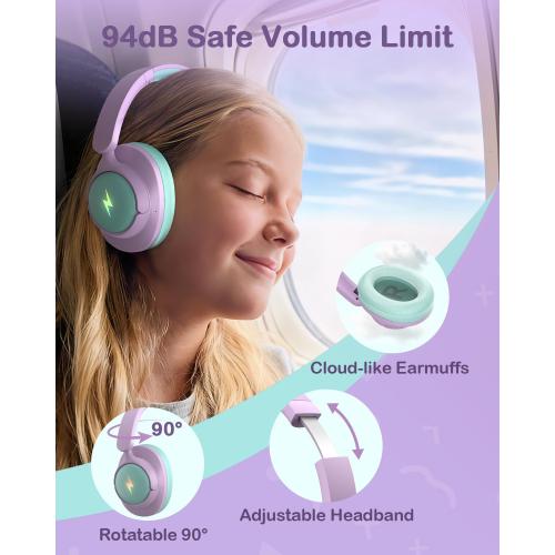 Hybrid Active Noise Cancelling Headphones for Kids, Wireless Bluetooth 6.0 Headset, 100H Playtime, Built-in Mic, Type-C Fast Charging, 94dBA Safe Volume, Colorful LED Lighting