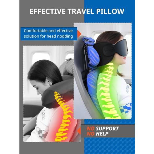 Travel Pillow for Airplanes, Ultra-Thin Breathable Airplane Pillow Alternative, Airplane Head Strap with 3D Sleep Eye Mask, 360° Support for Long Flight, Work for Seats with Headrest, Black