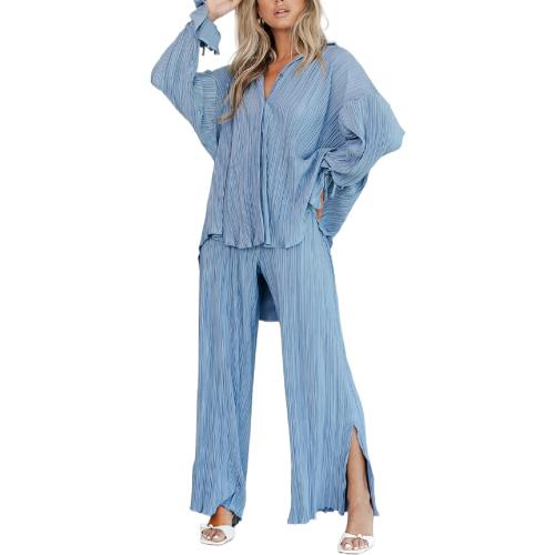 NUFIWI Women Large Pleated 2 Piece Pants Outfits Casual Loose Button Shirt Blouse Top Long Wide Leg Palazzo Pants Set Jumpsuit