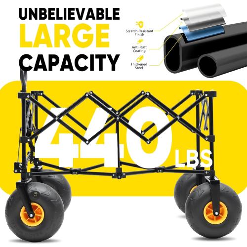 Heavy Duty Beach Wagon with 9 Big Sand-Proof Wheels – 440lb Capacity, Sekey 200L Oversized Foldable Cart | Adjustable Handle & All-Terrain Tires for Sand, Camping, Groceries. Black