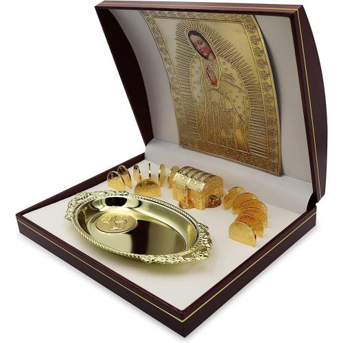 EHV 24K Gold Plated Wedding Unity Coins with Decorative Display Case, Treasure Box, Classic Arras Ceremony Souvenirs, Beautiful Gift Set Marriage Matrimoniales Boda (San Benito)