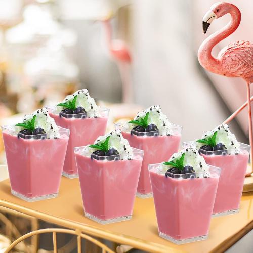 200Pack Clear SHOPDAY 5Oz-Plastic-Dessert-Cups: 200 Pack Square-Clear-Parfait-Cup-with-Spoons, Appetizer-Cup Small-Plastic-Mini-Shooter-Cups for Party Yogurt Mousse