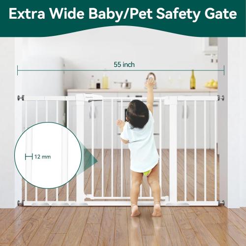 BABELIO 29-55 Inch Extra Wide Baby/Dog Gate, PressGuard P7, Metal Auto Close, Pressure Mounted Pet Door for Doorways, NO Need Tools and Drilling, with Wall Cups, White