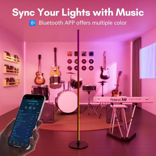 luckystyle Smart RGB IC Corner Floor Lamp,Bright LED Tall Modern Floor Lamp with APP and Remote,Ambient Lighting Color Changing Standing Lamps with Music Mode and Timing for Living Room,Bedroom,Party
