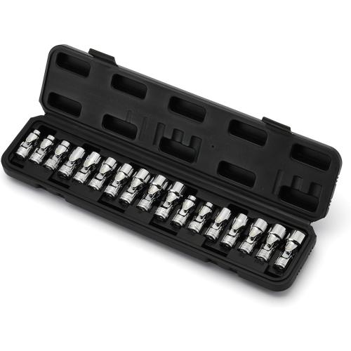 17-Piece 3/8-Inch Drive Universal Joint Socket Set, Swivel Socket Set, 6-Point, SAE (3/8 to 3/4) and Metric (10mm to 19mm), CR-V, Universal Flex Socket for Easier Access to Tight Spaces