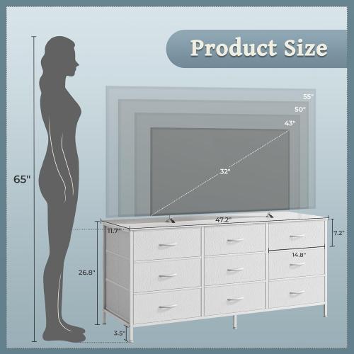 Color grey Huuger 9 Drawer Dresser, 47 Inch TV Stand for 50, 55 Inch TV, Entertainment Center with Drawers, Fabric Dresser Chest of Drawer for Bedroom, Closet, PU Leather Surface, White