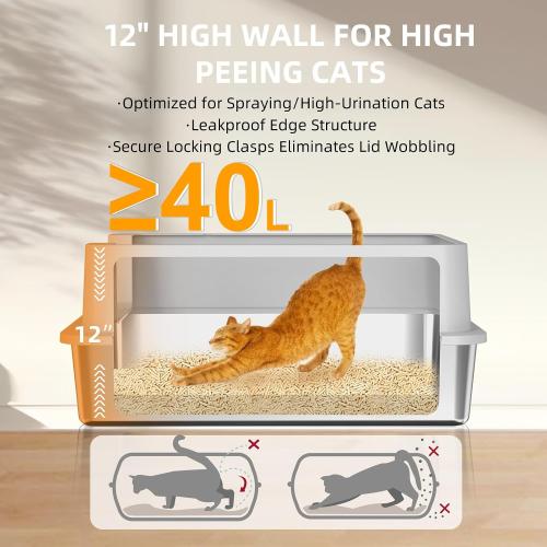Stainless Steel Litter Box - 28 Extra Large XXXL Cat Litter Box with High Sides, Non-Sticky & Anti-Leakage for Big Cats/Multiple Cats, Includes Heavy Duty Metal Scoop, Grey