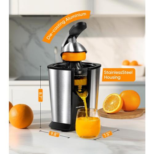 Electric Orange Juicer, Citrus Juicer Squeezer with 2 Cones and Soft Grip Handle for Effortless Juicing, Stainless Steel Quiet Orange Juice Extractor Machines for Lime Grapefruit Lemon