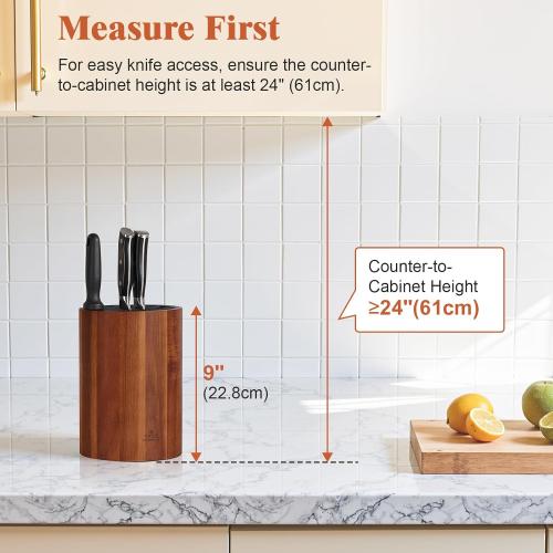 Enoking Universal Knife Block Holder with Plastic Lid, Acacia Wood Knife Block without Knives for Scissors, Sharpening Rod and Knives, Round Knife Storage Organizer Display