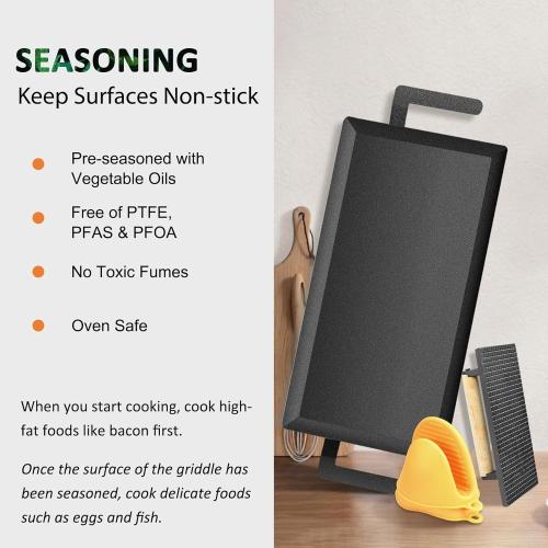 Universal Large Carbon Steel Griddle for Outdoor Gas Grill, Induction, Gas/Electric Stove, and Oven, Double Burner Griddle Comes with Grill Press, Pre-seasoned Nitride Coating Process