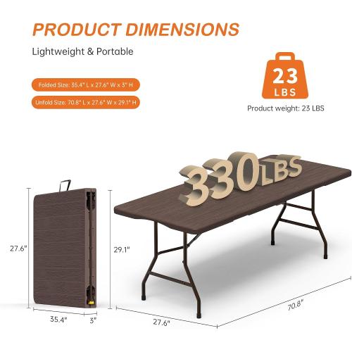 VSOAEIL Folding Table 6 Foot for Indoor Outdoor, Portable Heavy Duty Fold-in-Half Utility Plastic Foldable Dining Table with Carrying Handle for Picnic, Camping and Party, Brown