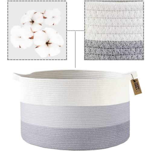 White and Grey COMFY-HOMI Laundry Basket, Cotton Rope Nursery Woven Basket for Storage, Blanket Baskets Living Room Laundry Hamper, Dog Toy Storage Organizer, Home Decor-White and Grey