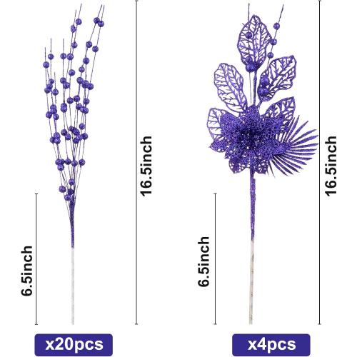 24 Pack Christmas Tree Ornaments - Artificial Flowers Glitter Berry Stems Christmas Floral Picks Branches for Xmas Tree Decorations Vase Filler Holiday Wedding Party Home Decor (Purple)