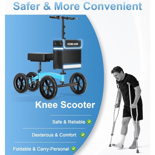 HOMLAND Knee Scooter Walker for Adults Foot Injuries Ankle Surgery, Foldable Steerable Leg Scooters with Dual Handbrake, Height Adjustable Handle & Knee Pad, Removable Storage Bag, 300 lbs Capacity