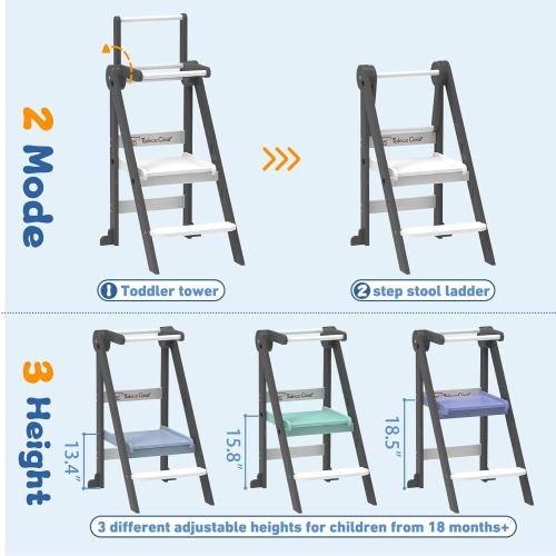Foldable Toddler Tower, Toddler Kitchen Stool Helper with Safety Net, Wooden Kitchen Step Stool for Toddlers with Adjustable Height, Standing Tower for Learning and Cooking(Blue)